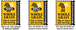 Labels depicting 100 percent whole grain, 50 percent whole grain, or whole grain