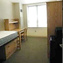 Eastview Terrace Room with bed, desk, large window, and microwave/refrigerator combo. 