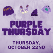 Purple sweater, sneakers, beanie, and t-shirt with the words Purple Thursday Thursday October 22nd