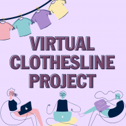 People sitting below a clothesline on computers