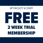 Navy blue background with white box stating UP Faculty & Staff Free 2 Week Trial Membership