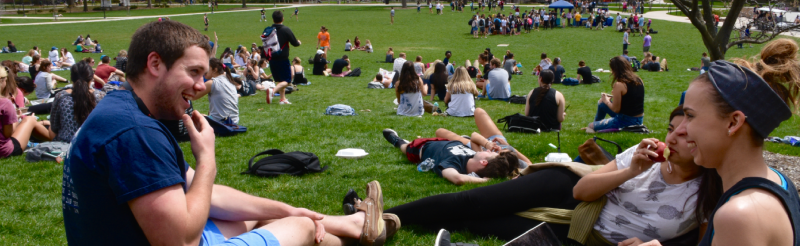 Students sit on the HUB lawn to discuss career options.