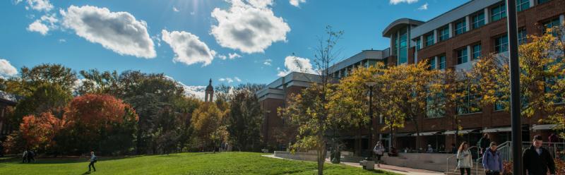 HUB green lawn, blue sky, sunshine