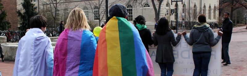 Three students marching: one with the trans flag, one with the bi flag, one with the rainbow flag