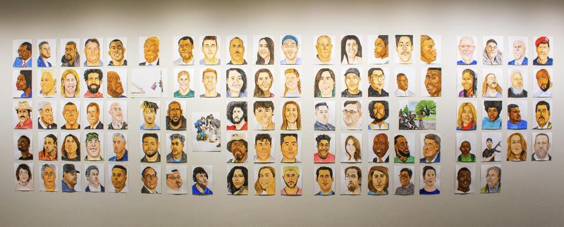 One hundred portraits of people from the news cycle of 2015 through 2019 painted with watercolor and arranged in a grid.
