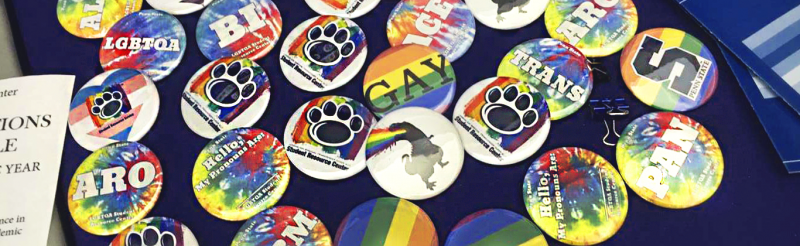 Buttons with various LGBTQ sayings