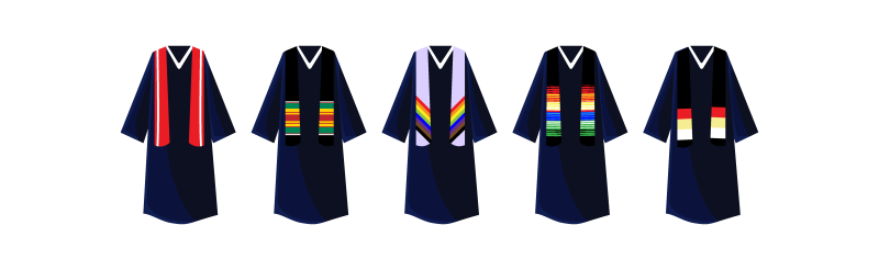 Five graduation gowns with diversity stoles